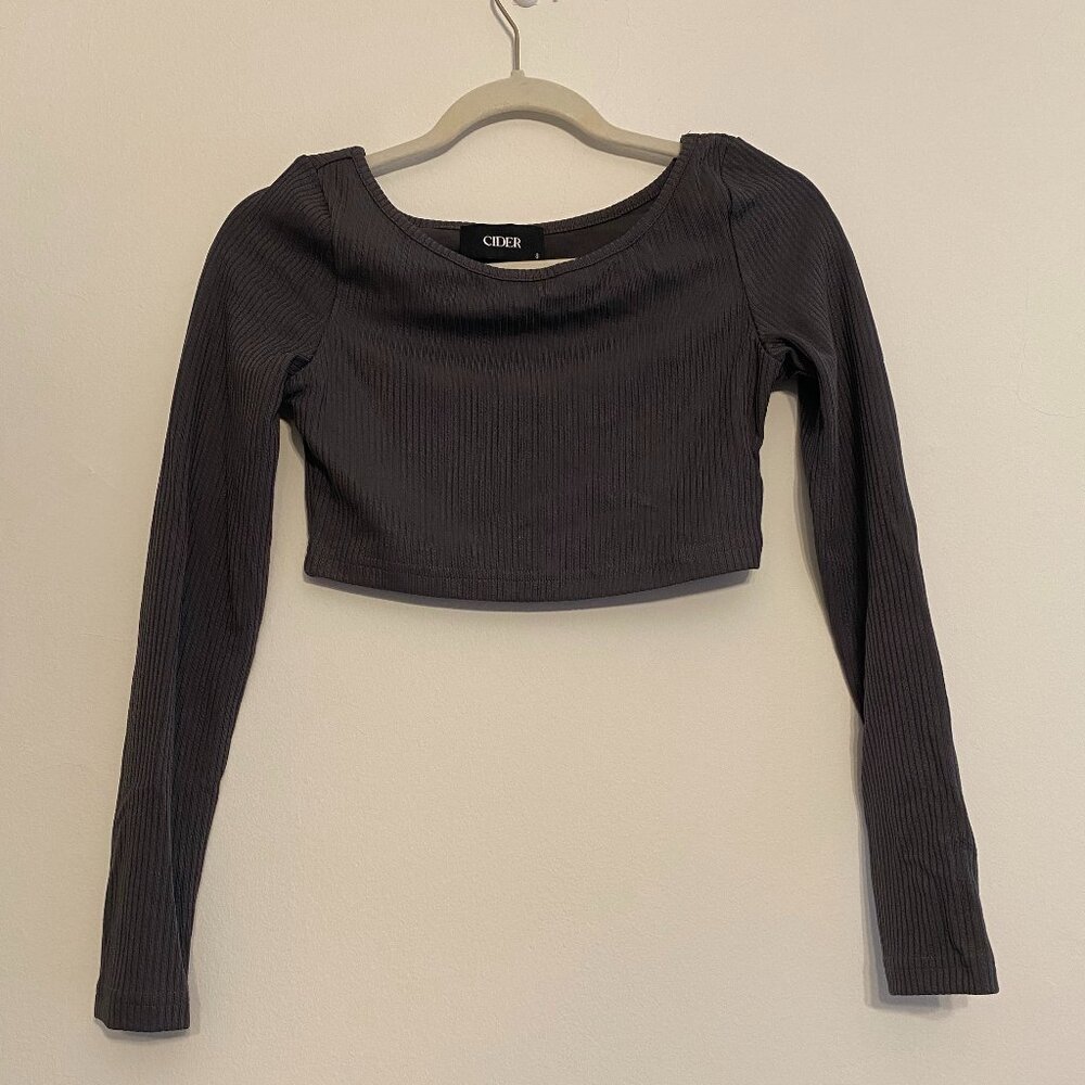 Dark Gray Ribbed Lounge Set - Wide Leg Pants & Long Sleeve Crop Top - Size Small